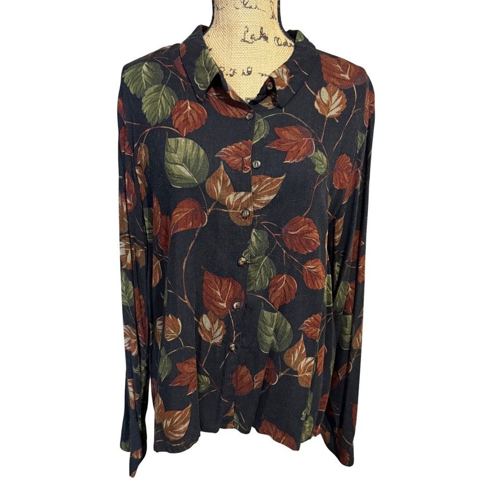Coldwater Creek Fall Leaf Print Button Down Shirt XL Vtg Boho Cottage Witch